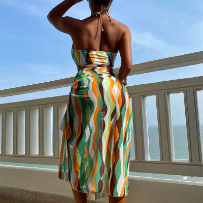 Bộ 3 mảnh áo tắm xẻ tà váy bikini đi biển in hình nữ