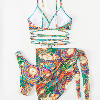 Set bikini vải thổ dân quần nhúng cạp cao che bụng