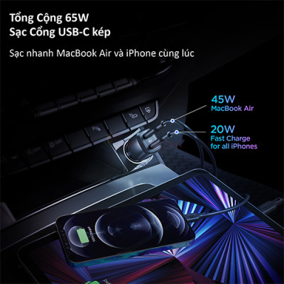 Cốc sạc xe hơi Spigen ArcStation Car Charger PC2000 2Type-C 65W ACP02562 - Hàng chính hãng