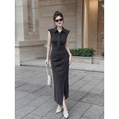 ĐẦM BODY VẠT CHÉO CỔ SƠ MI KÈM CÀ VẠT 2 MÀU Y HÌNH