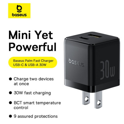 Bộ sạc nhanh nhỏ gọn 2 cổng Baseus Palm U + C 30W Kèm cáp C to C 60w dài 1M - Hàng chính hãng