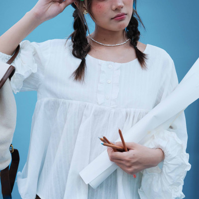 DOTTIE - Áo tay phồng phối bèo - Trắng kem - T1124