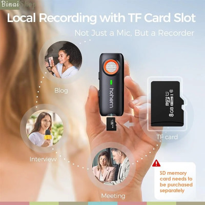 Hohem MIC-01 - Micro Cài Áo Không Dây 2.4GHz, Khử Tiếng Ồn DSP Sử Dụng Cho Điện Thoại, Pin 20 Giờ, Hỗ Trợ Thẻ Nhớ, Phạm Vi Thu 100m- Hàng chính hãng