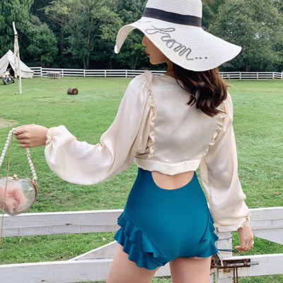 Bộ đồ bơi bikini nữ 1 mảnh giấu bụng tôn dáng đi tắm biển kèm áo ren trắng khoác ngoài chống nắng - B. 04