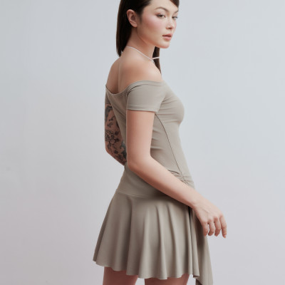 DOTTIE - Đầm ngắn vải thun tùng xoè - Nâu - D0684