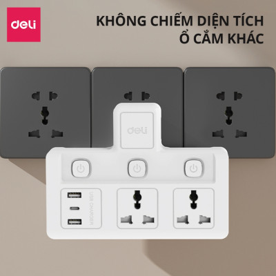 Ổ Cắm Chia Điện Deli, Ổ Cắm Điện Chữ T Công Suất 2500W Tích Hợp Cổng USB &TypeC Sạc Nhanh 20W