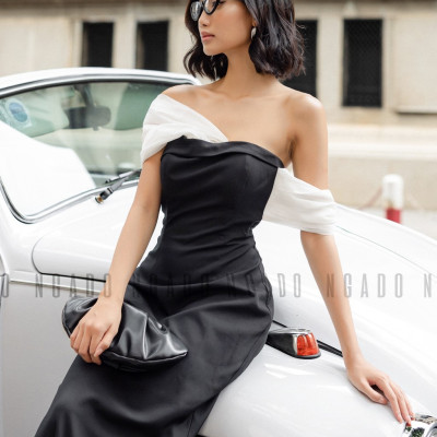 Đầm đuôi cá đen phối trắng NGADO , đầm nữ , Đầm dự tiệc sang chảnh , Đầm đuôi cá hở vai