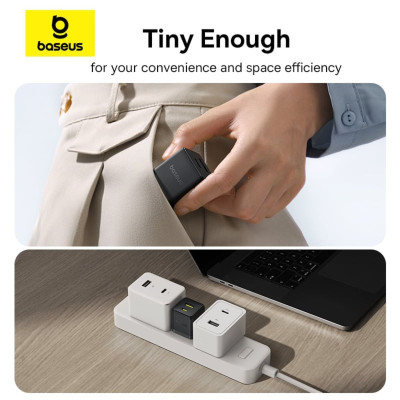 Bộ sạc nhanh nhỏ gọn 2 cổng Baseus Palm U + C 30W Kèm cáp C to C 60w dài 1M - Hàng chính hãng
