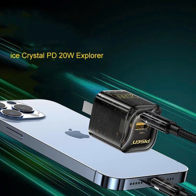Cóc sạc nhanh PISEN Quick Ice Crystal PD 20W Explorer KPD201, siêu nhỏ, vỏ ngoài trong suốt lộ main, Hàng chính hãng