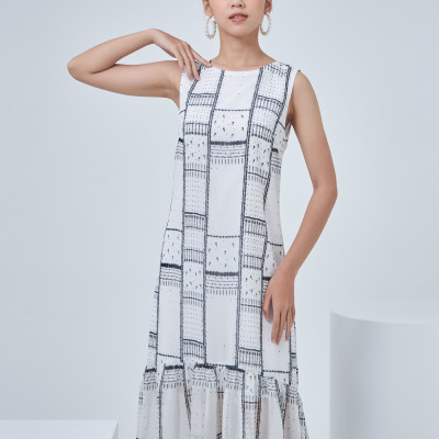 Đầm Voan Chiffon Tùng Nhún Bèo Họa Tiết Khung Maxivic, La Mộc - LM012297