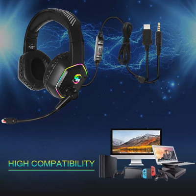 Tai nghe chơi game KUBITE K-15 3.5mm + USB Cắm tai nghe ngoài tai với đèn RGB có thể điều chỉnh âm lượng micrô