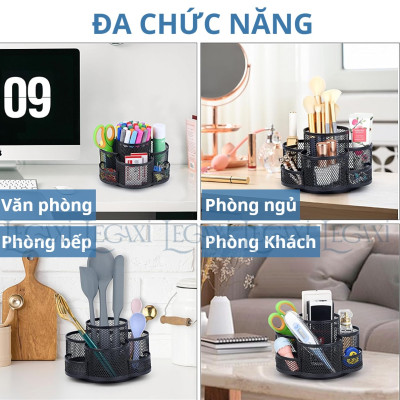 Khay đựng bút XOAY 360 ĐỘ, khay bút 7 NGĂN  để bàn kim loại Văn Phòng, Đựng Mỹ phẩm, Điều Khiển TV