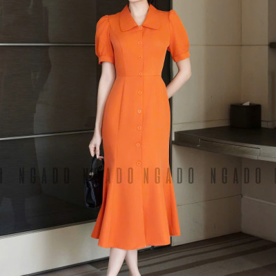Đầm cam xẻ vạt NGADO , đầm dáng dài , đầm dự tiệc , công sở