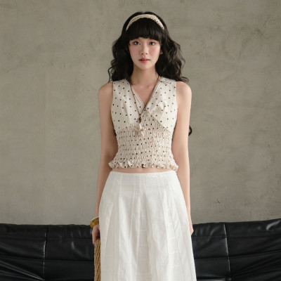 Áo chấm bị nữ ôm dáng cổ v không tay phong cách vintage Embi Miều Est.2013