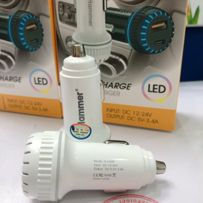 Cóc sạc xe hơi Ham mer H-CA09 dòng điện 3,4A công suất 17W, cổng USB + Type, Hàng chính hãng
