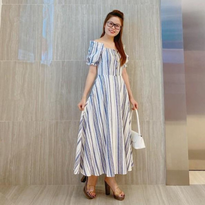 Đầm dáng xòe Emspo trễ vai kẻ sọc thời trang DM4034