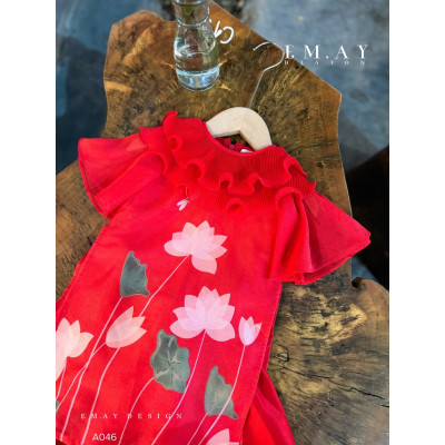 Áo dài tết cho bé gái mẫu Hoa sen tay phồng xinh xắn từ 12-40kg hàng thiết kế cao cấp