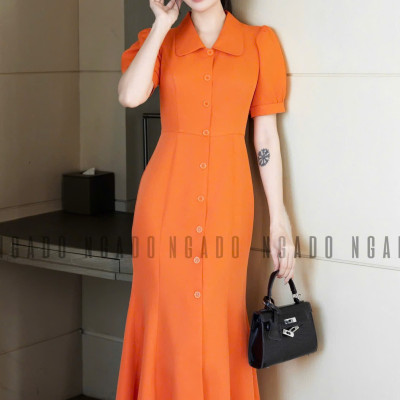 Đầm cam xẻ vạt NGADO , đầm dáng dài , đầm dự tiệc , công sở