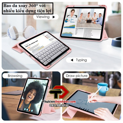 Bao da xoay 360 độ cho iPad Gen 10 2022 10.9 inch chống sốc, có ngăn đựng bút, nhiều kiểu dựng - Hàng nhập khẩu