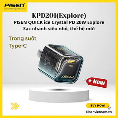 Cóc sạc nhanh PISEN Quick Ice Crystal PD 20W Explorer KPD201, siêu nhỏ, vỏ ngoài trong suốt lộ main, Hàng chính hãng